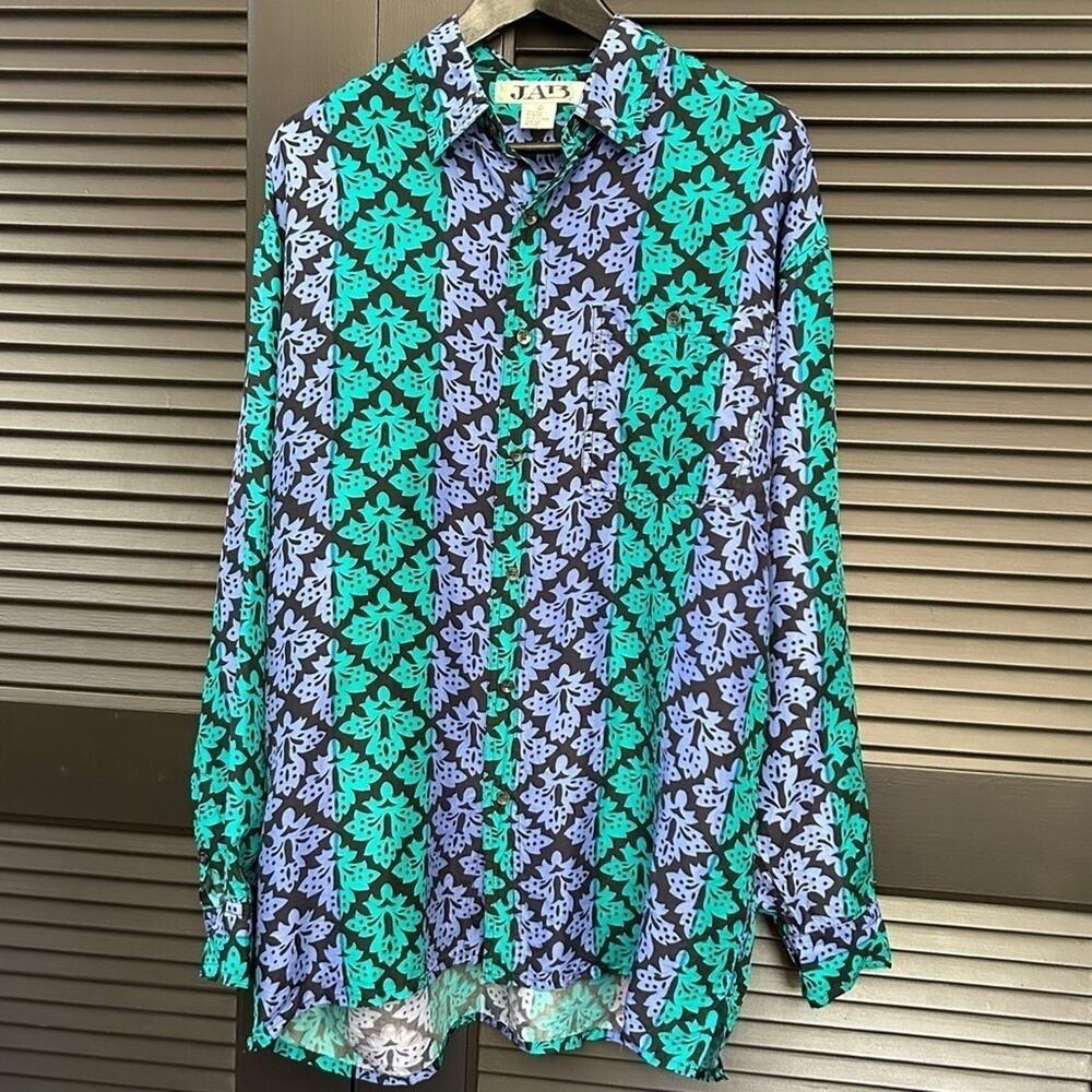 Vintage JAB 100% Silk Button Down Shirt, Long Sleeve, Cool Pattern, Size Large